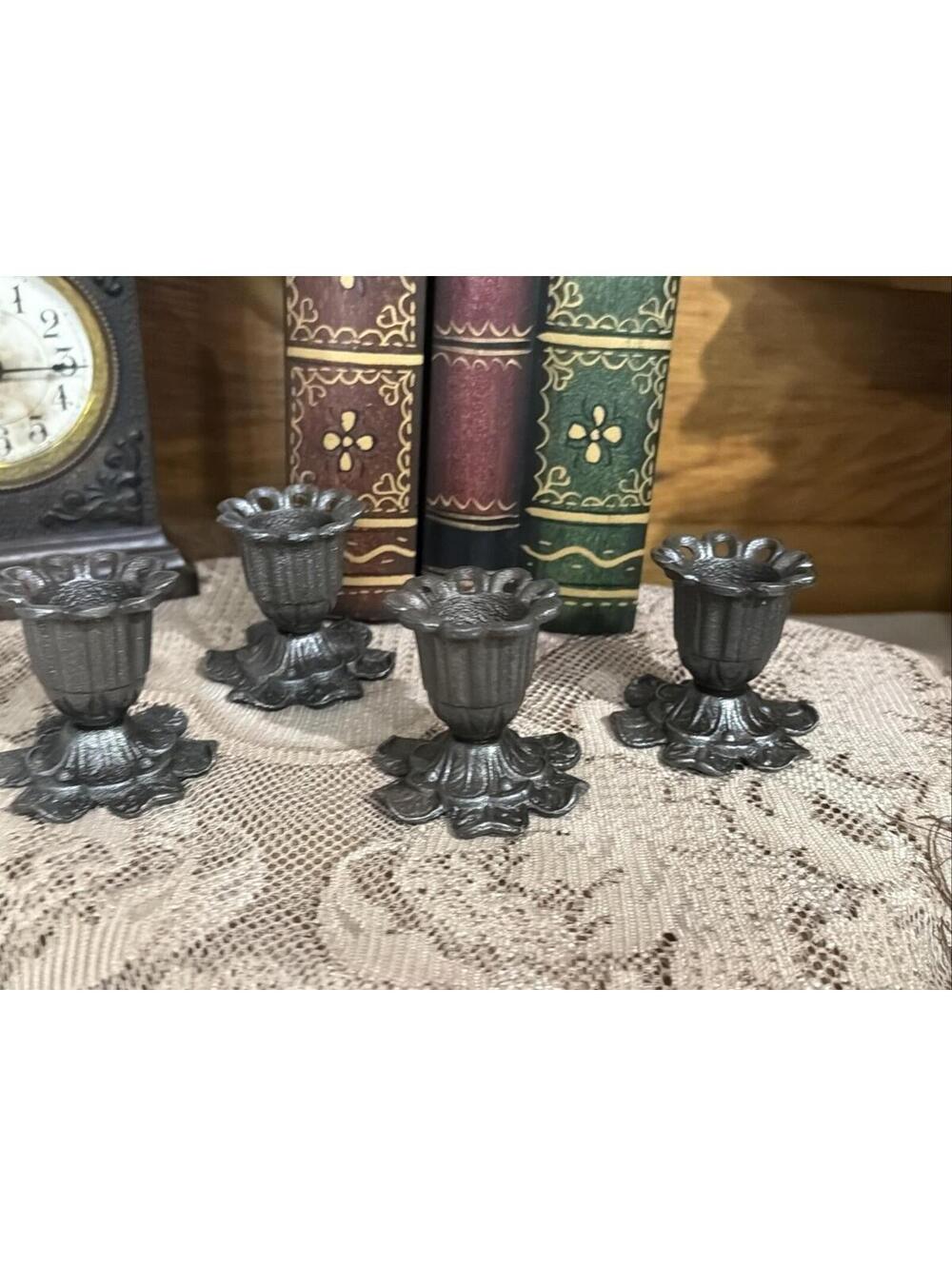 Vintage Cast-Iron Candle Holders Flower Floral Set 4 Gothic Fairy Cottage Ornate - Picture 2 of 11